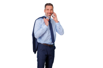 Mature businessman smiling and talking on smartphone, carrying jacket over shoulder, success and communication concept