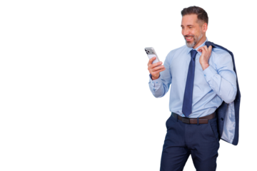 Professional businessman smiling while checking messages on mobile device, holding jacket, transparent background