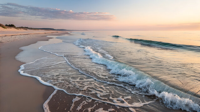 Tranquil beach landscape with gentle waves at sunset   - Powered by Adobe