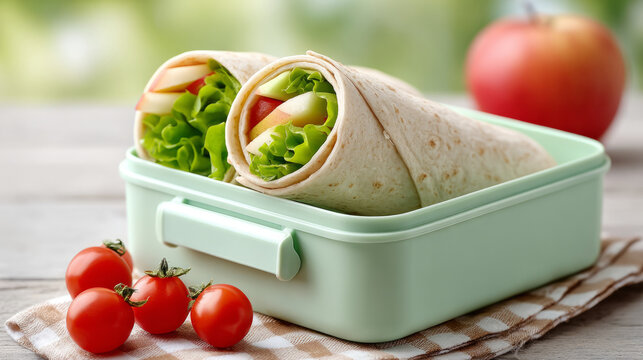 Healthy lunchbox idea with veggie wraps and cherry tomatoes for a nutritious meal