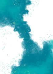 Turquoise smoke with yellow specks swirling diagonally on transparent background, energetic flow and vibrant particles, dynamic abstract composition for design