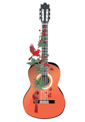 Abstract guitar decorated with Christmas tree and cardinals. Hand drawn musical illustration.