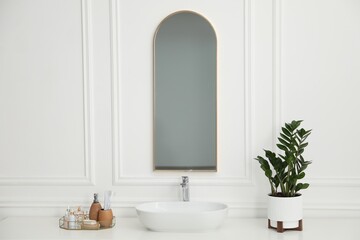 Stylish mirror, vessel sink and houseplant in bathroom. Interior design