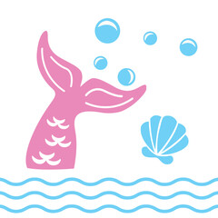 Cute Mermaid Tail Illustration with Bubbles and Seashell &ndash; Minimalist Ocean Fantasy Vector Design