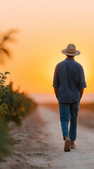 Male strolling on beach path at sunset wearing hat and casual outfit