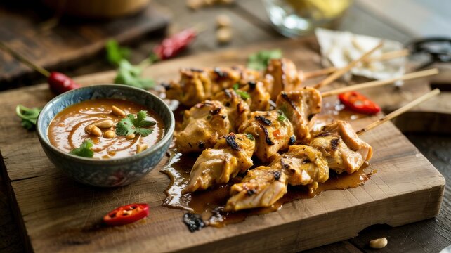 Grilled chicken kebabs laid on a wooden board. The chicken is marinated in a mixture of turmeric and coconut, then grilled. Next to the kebabs is a plate with creamy peanut sauce.