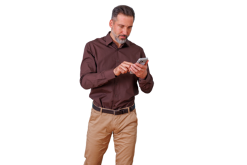 Man in brown shirt and khaki pants using smartphone, staying connected, browsing social media or texting on transparent background