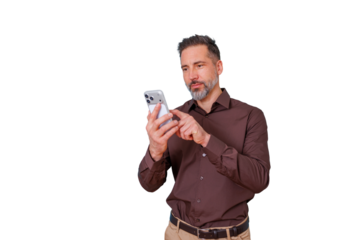 Businessman using smartphone, browsing internet, connecting online, digital network, mobile communication, transparent background