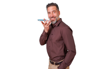 Man recording a voice message using speakerphone on a smartphone, enjoying modern communication technology on transparent background