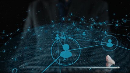 This image portrays a futuristic communication network with user icons and digital connections, symbolizing data interaction and advanced technology for modern applications. Cipher - Powered by Adobe