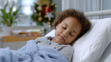 A young mixed-race girl with curly hair sleeps peacefully in a hospital bed, covered with a blue blanket. A Christmas tree is visible in the background.
