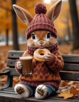 Un adorable conejo con ropa de invierno disfruta de un caf&eacute; y una rosquilla en un parque oto&ntilde;al.