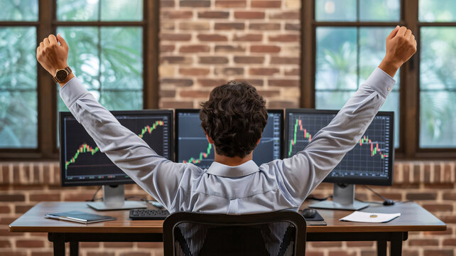 Successful stock trader celebrating financial gains with multi-monitor setup in a home office