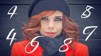 Mystical Female Portrait with Numerology Symbols and Sacred Numbers
