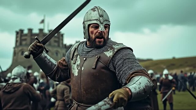A man in a helmet holding a sword in front of a group of men