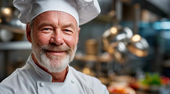 Portr&auml;t eines l&auml;chelnden Kochs in professioneller Restaurantk&uuml;che
