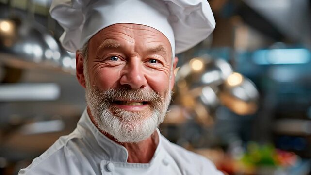 Portr&auml;t eines l&auml;chelnden Kochs in professioneller Restaurantk&uuml;che