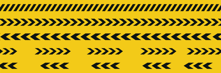 Horizontal and crossed caution tapes with black and yellow chevron print. Warn borders in construction work zone or criminal scene. Hazard, risk, emergency or stop signs.