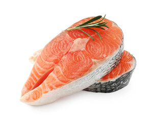Pieces of salmon fillet with rosemary isolated on white