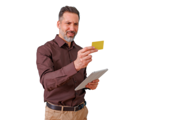 Mature man holding credit card and tablet encountering online payment problem or struggling with debt, transparent background