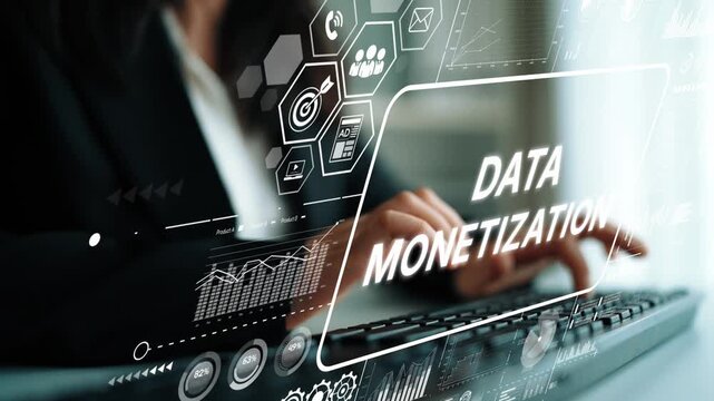 Business Professional Engaging in Data Monetization with Digital Interfaces and Visual Graphics. Asymptotic smart data analytic.