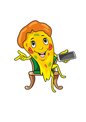 Cartoon slice of pizza takes orders on a smartphone