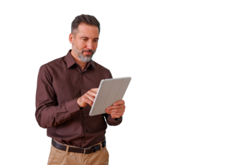 Mature man with beard using a digital tablet for business communication, navigating technology, transparent background