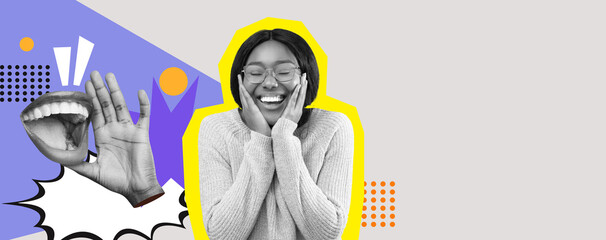 In a vibrant collage, a person smiles broadly with their hands on their cheeks. Various colorful shapes and elements surround them, creating an energetic and playful atmosphere.