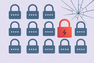 Security breach visual representation showcasing a broken lock amongst intact locks symbolizing vulnerabilities in cybersecurity and the urgent need for digital safety measures