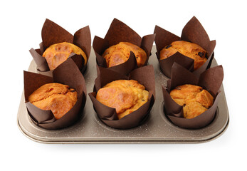 Tasty muffins with raisins isolated on white