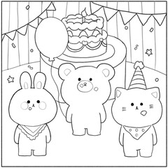 Cute Comfy Animal celebrating birthday illustration for coloring book