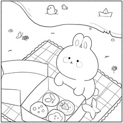 Cute Comfy Animal bunny cookies dessert time illustration for coloring book