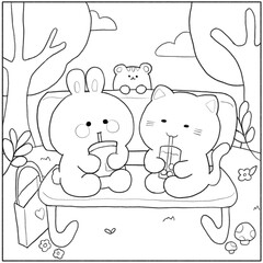 Cute Comfy Animal  bubble tea dessert time illustration for coloring book