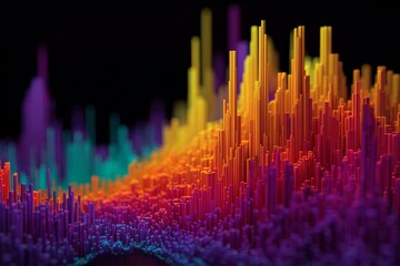 data visualization of diagram in bright neon colors on black. horizontal banner 3d shapes background. 