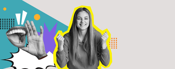 A lively collage showcases a smiling girl cheering with raised fists.