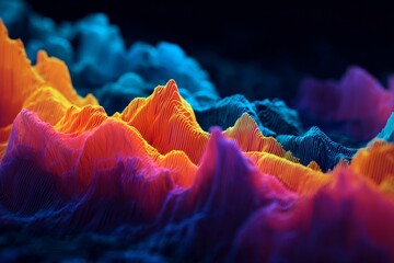 data visualization of diagram in bright neon colors on black. horizontal banner 3d shapes background. 