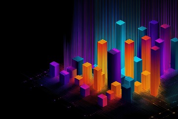 data visualization of diagram in bright neon colors on black. horizontal banner 3d shapes background. 