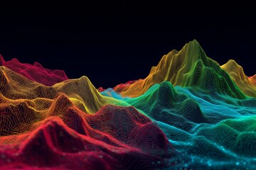 data visualization of diagram in bright neon colors on black. horizontal banner 3d shapes background. 