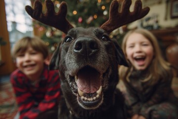 Family labrador dog wearing xmas Rudolf the reindeer antlers costume sitting near the Christmas tree, kids laughing behind him