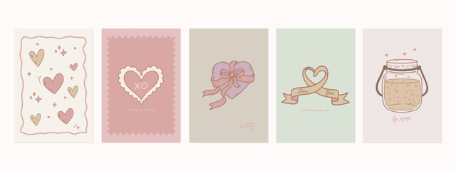 Valentine Card Set, Neutral Aesthetic Love Cards featuring soft heart patterns, stamp-style love icons, ribbon bows, heart banners, and a cozy love jar illustration