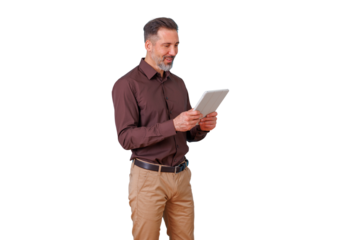 Businessman smiling, holding tablet, using digital device for work, technology, connectivity on transparent background