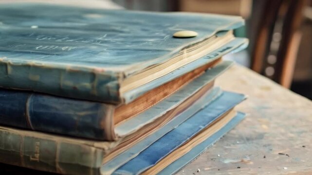 Old books with worn spines lie on a wooden surface, reminding us of the fragility of cultural heritage and the need to preserve it, which is ideal for creating an atmospheric backdrop in projects abou