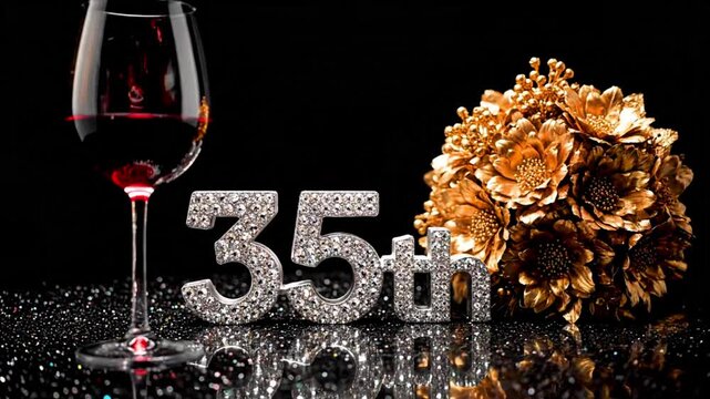 Video of the 35th birthday celebration, wedding anniversary, birthday, important day, couple, Valentine's Day, with gold roses, wine glasses, and a shiny table. 	