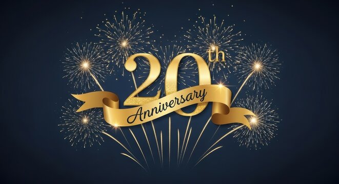 Twentith anniversary celebration golden ribbon number twenty fireworks dark blue background festive event greeting card design