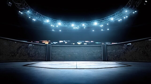 Empty mixed martial arts stadium with an illuminated octagon cage and chain link fence, ready for intense combat sports events and competitions, with audience seating visible in the background