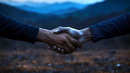Hands shake in agreement during twilight in a mountain landscape