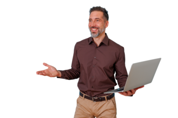 Smiling man presenting with laptop, explaining business ideas, gesturing, engaging in discussion with transparent background