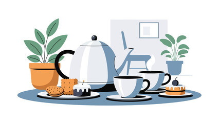 Modern flat vector illustration of tea time setup with teapot, cups, and snacks on table, calm and relaxing beverage scene ideal for wellness, hospitality, and lifestyle themes