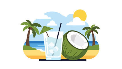 Modern flat vector illustration of refreshing coconut water with fresh coconut fruit, tropical healthy drink concept perfect for summer beverage, wellness, and hydration themes