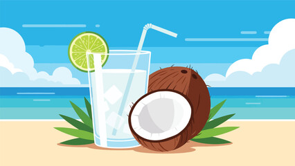 Modern flat vector illustration of refreshing coconut water with fresh coconut fruit, tropical healthy drink concept perfect for summer beverage, wellness, and hydration themes